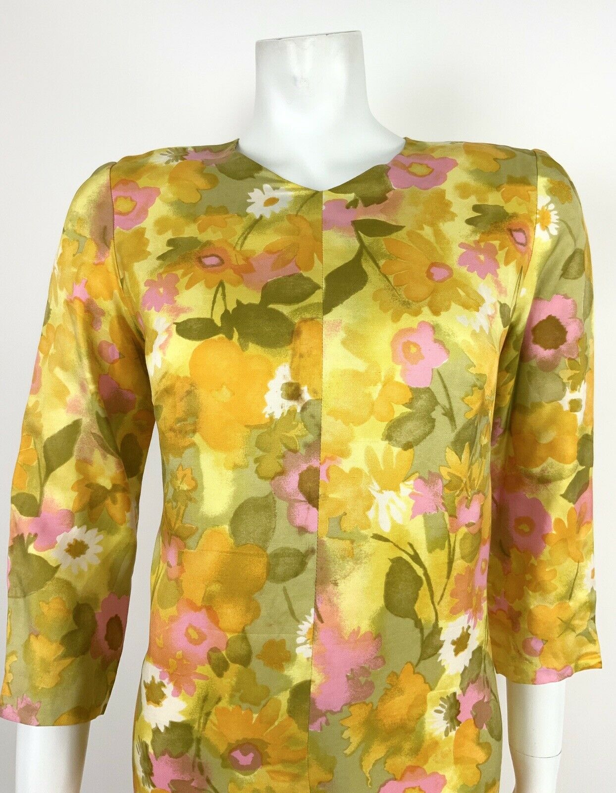 VINTAGE 60s 70s PSYCHEDELIC YELLOW GREEN PINK WHITE FLORAL SHIFT DRESS 12 14