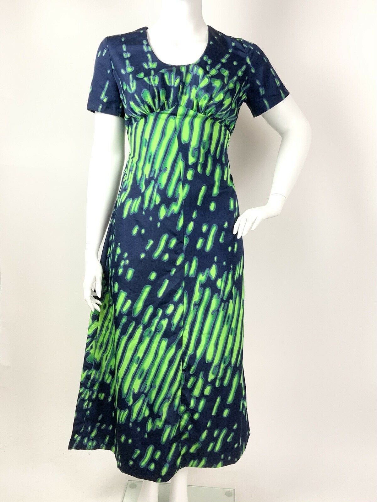 VINTAGE 60s 70s NAVY BLUE NEON LIME GREEN PSYCHEDELIC STRIPED MAXI DRESS 16 18