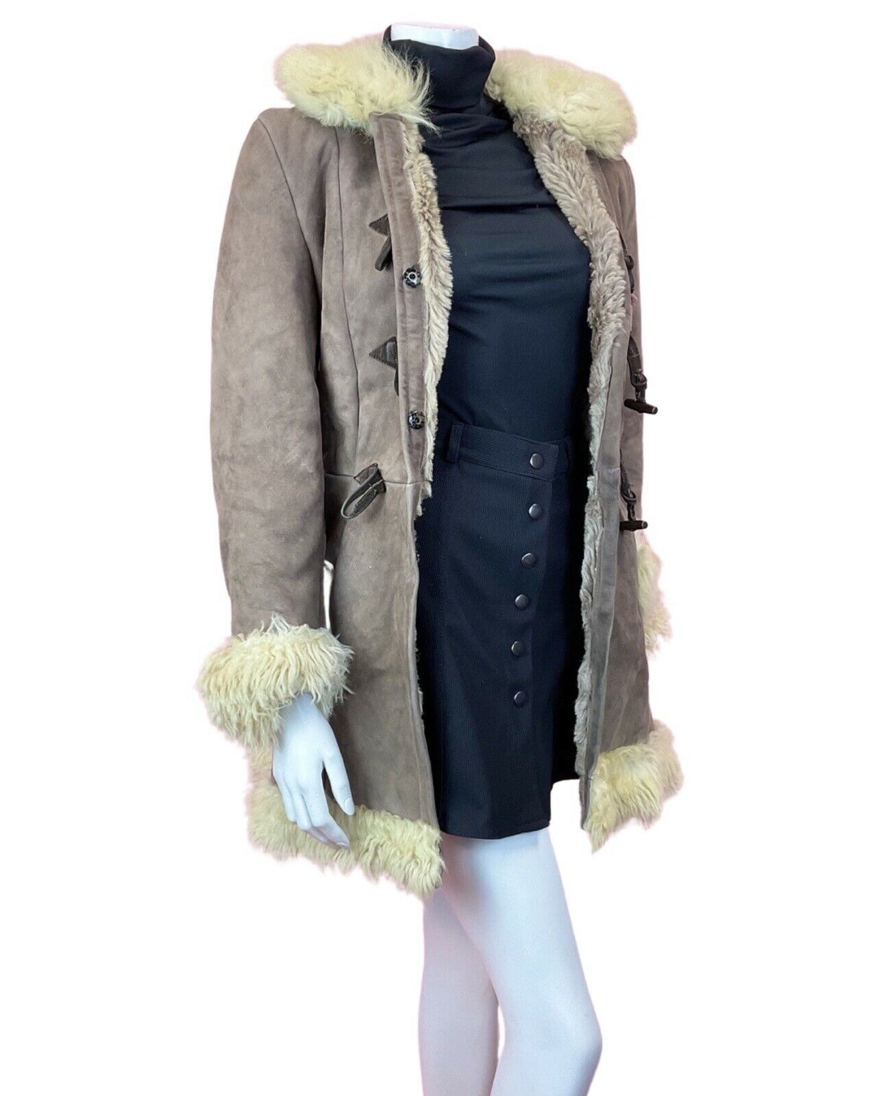 VINTAGE 60s 70s PEANUT BROWN CREAM SUEDE LEATHER BOHO SHEARLING COAT 10 12