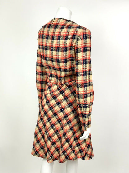 VINTAGE 60s 70s BEIGE BLUE RED PLAID TARTAN SWING FLARED MOD DRESS 14 16