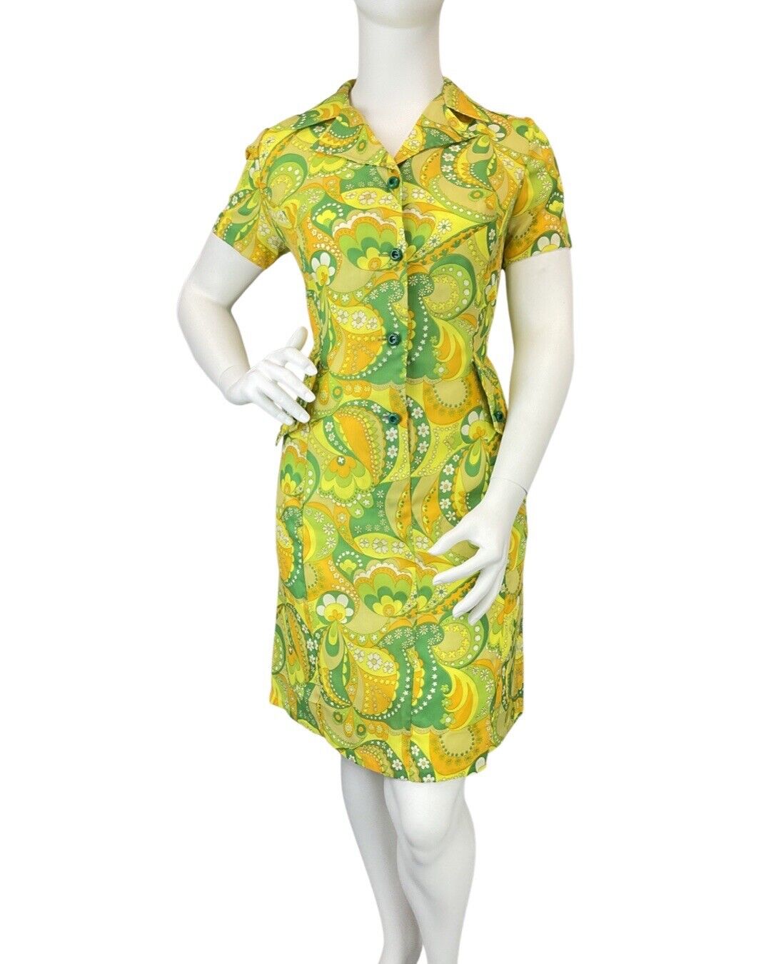 VINTAGE 60s 70s GREEN YELLOW ORANGE PSYCHEDELIC FLORAL SWIRL MOD SHIRT DRESS 16