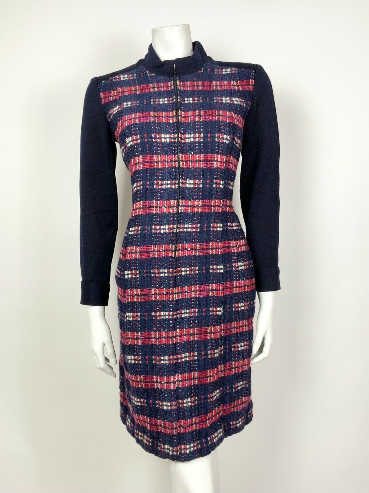 VINTAGE 60s 70s NAVY BLUE RED WHITE PLAID STRIPED MOD WOOL DRESS 8 10