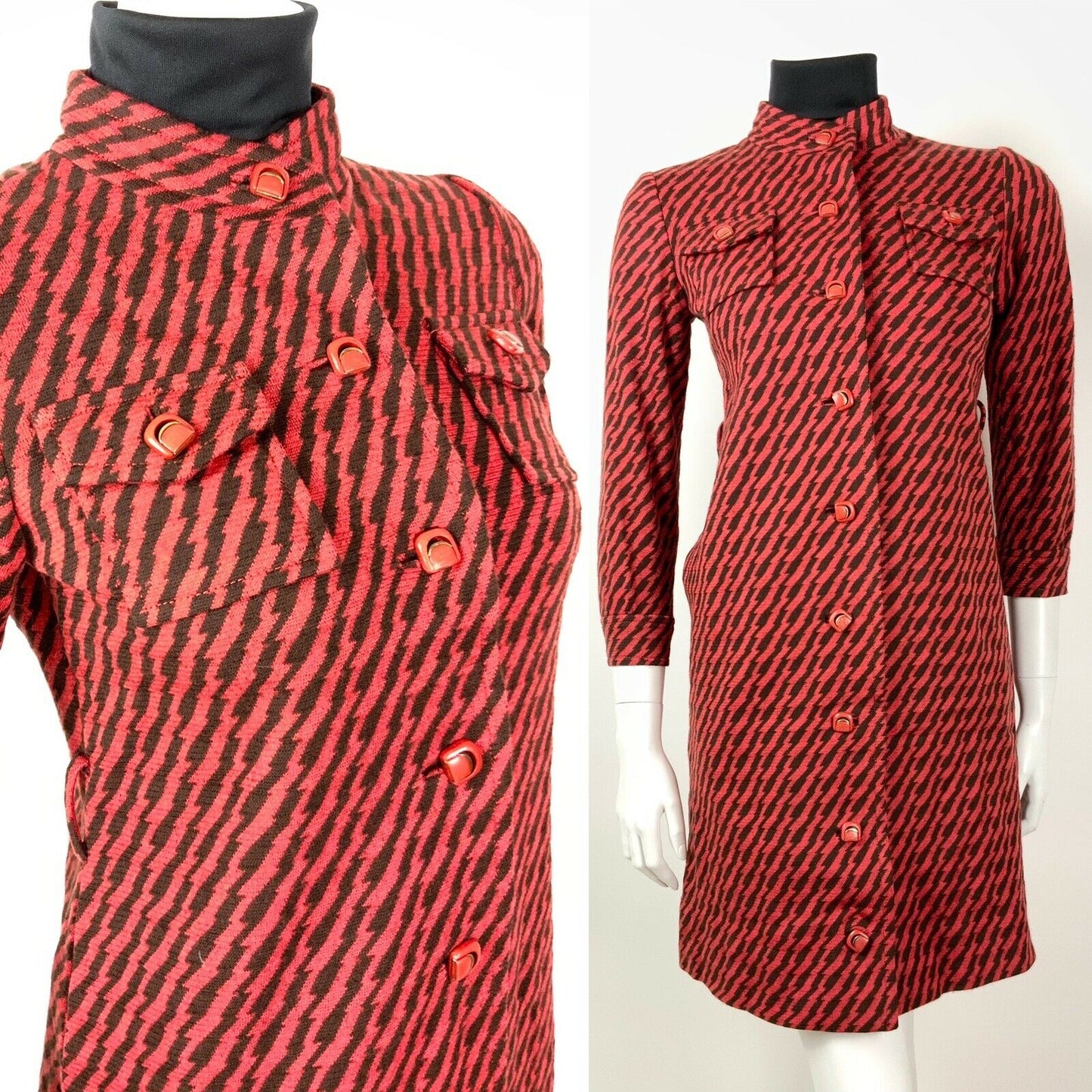 VINTAGE 60s 70s RED BLACK GOLD ZIG-ZAG LIGHTNING BOLT MOD SWING COAT 8