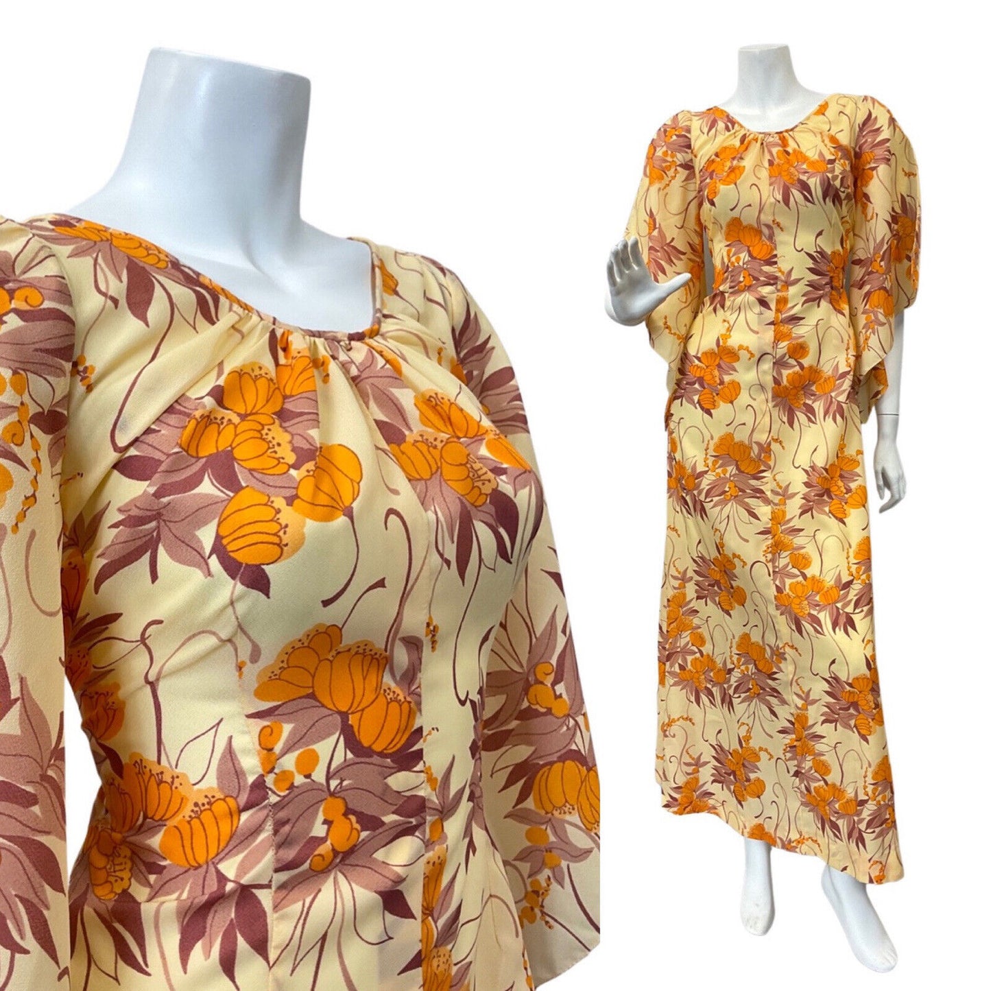 VTG 70s YELLOW ORANGE BROWN FLORAL ANGEL SLEEVE BOHO PRAIRIE MAXI DRESS 10 12