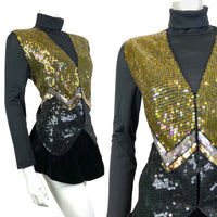 VINTAGE 70s 80s BLACK YELLOW GOLD SILVER ZIG-ZAG DISCO PARTY WAISTCOAT 16 18