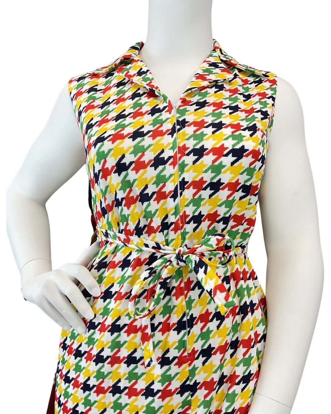 VINTAGE 60s 70s WHITE RED GREEN BLACK DOGTOOTH MOD SLEEVELESS SHIRT DRESS 16