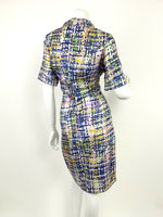 VINTAGE 60s 70s WHITE GREEN BLUE PINK CHECKERED GRID GEOMETRIC SHIRT DRESS 10 12