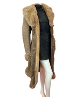 VTG 60s 70s LIGHT BROWN SUEDE LEATHER SHEARLING FUR COLLAR BOHO PENNY COAT 14 16