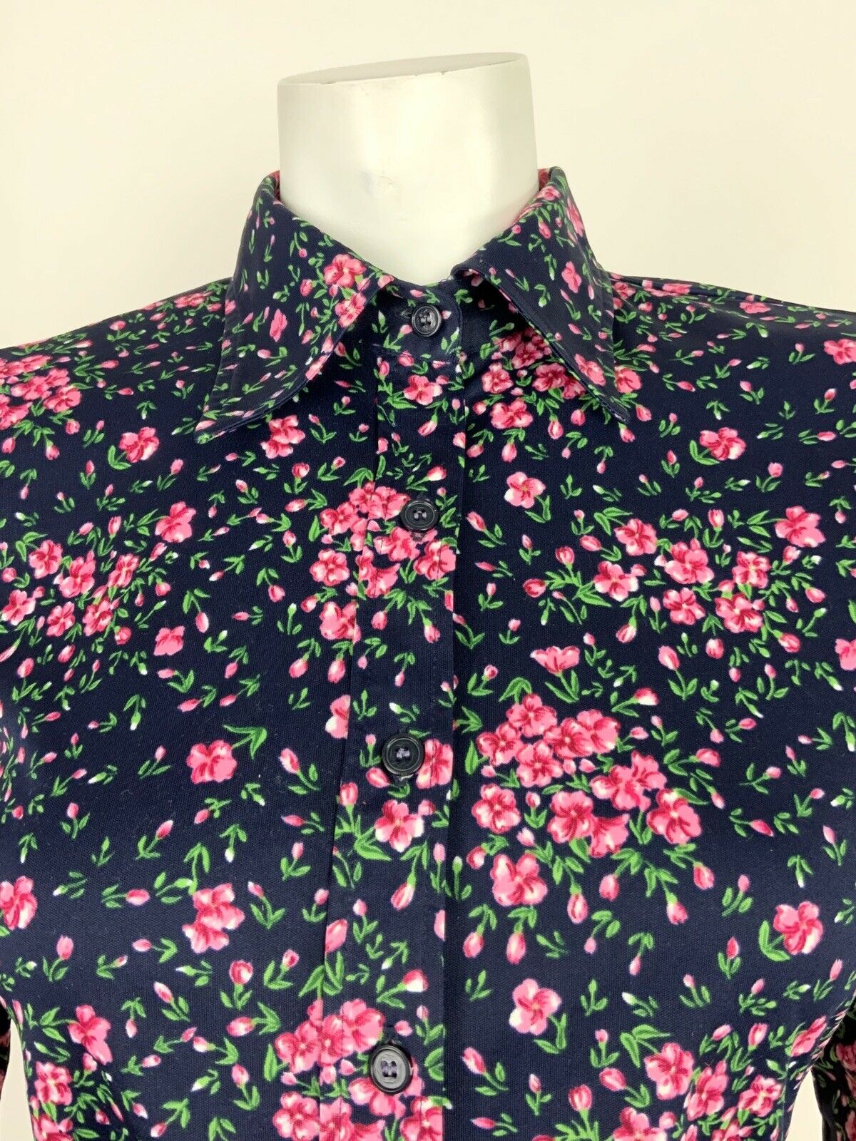 VINTAGE 60s 70s NAVY BLUE RED PINK GREEN DITSY FLORAL ROSE SHIRT 10 12