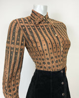 VTG 60s 70s BROWN BLACK GLITTER LUREX STRIPED DOTTY MOD DISCO DAGGER SHIRT 12