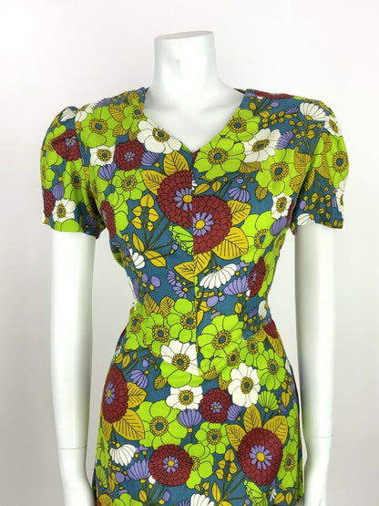 VINTAGE 60s A-LINE TEA DRESS FLORAL DITSY GREEN BLUE RED PURPLE 12 14