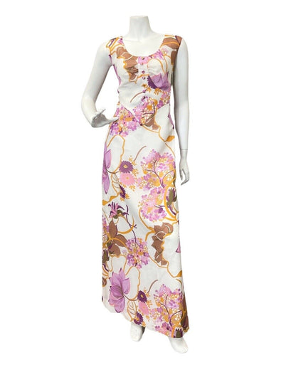 VINTAGE 60s 70s WHITE PURPLE YELLOW FLORAL VINE SLEEVELESS SUMMER MAXI DRESS 12