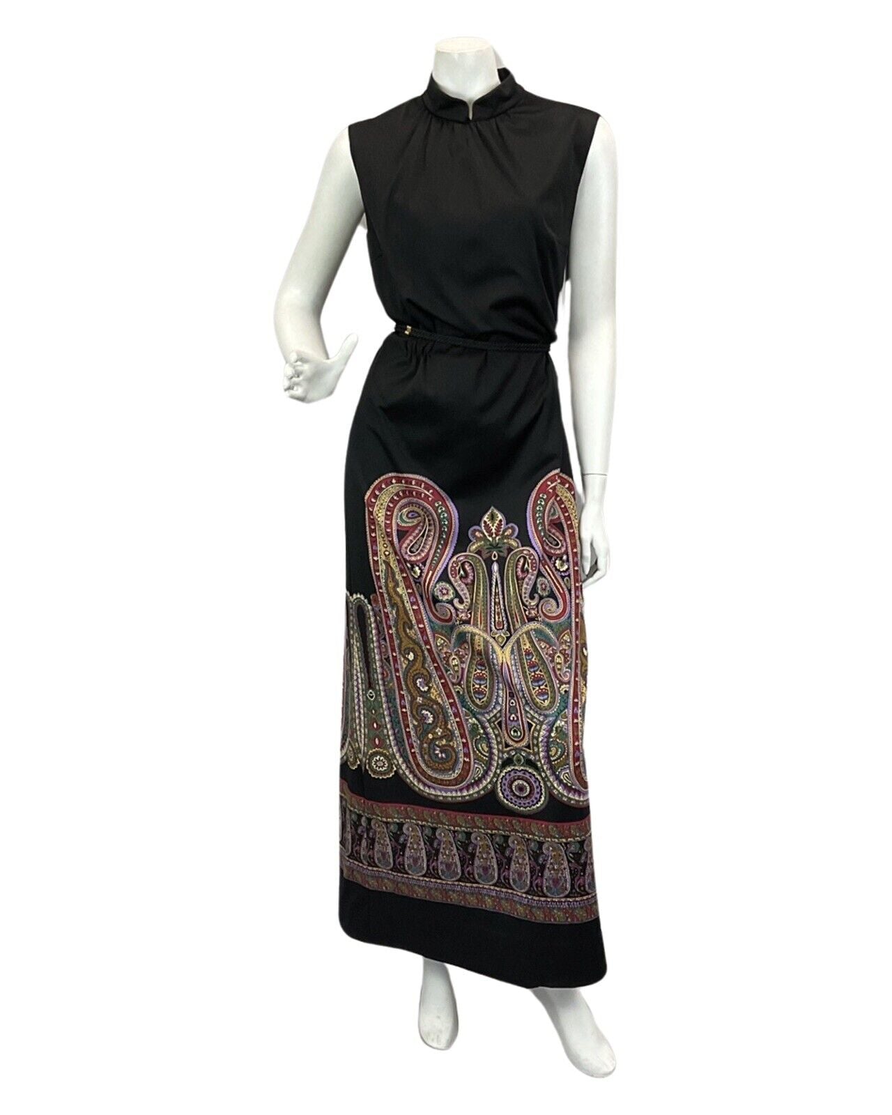 VINTAGE 60s 70s BLACK PURPLE BURGUNDY PAISLEY PRINT BOHO DISCO MAXI DRESS 14 16