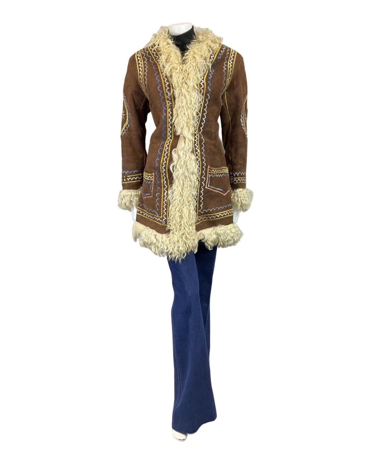 VINTAGE 60s 70s BROWN CREAM BLUE EMBROIDERED PENNY LANE BOHO SHEARLING COAT 10