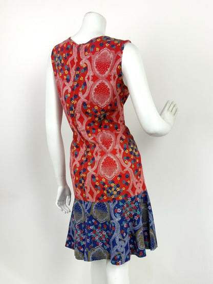 VINTAGE 60s 70s RED BLUE WHITE FLORAL DOTTY HIPPY FOLK GYPSY SHIFT DRESS 12 14