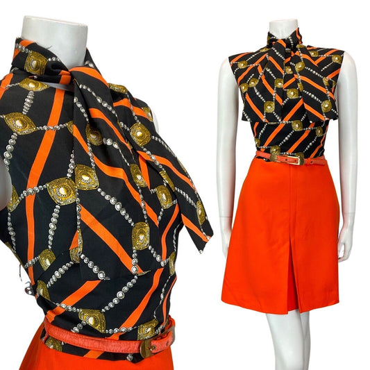 VINTAGE 60s 70s ORANGE BLACK STRIPED BELTED MOD PUSSYBOW SLEEVELESS MOD DRESS 12