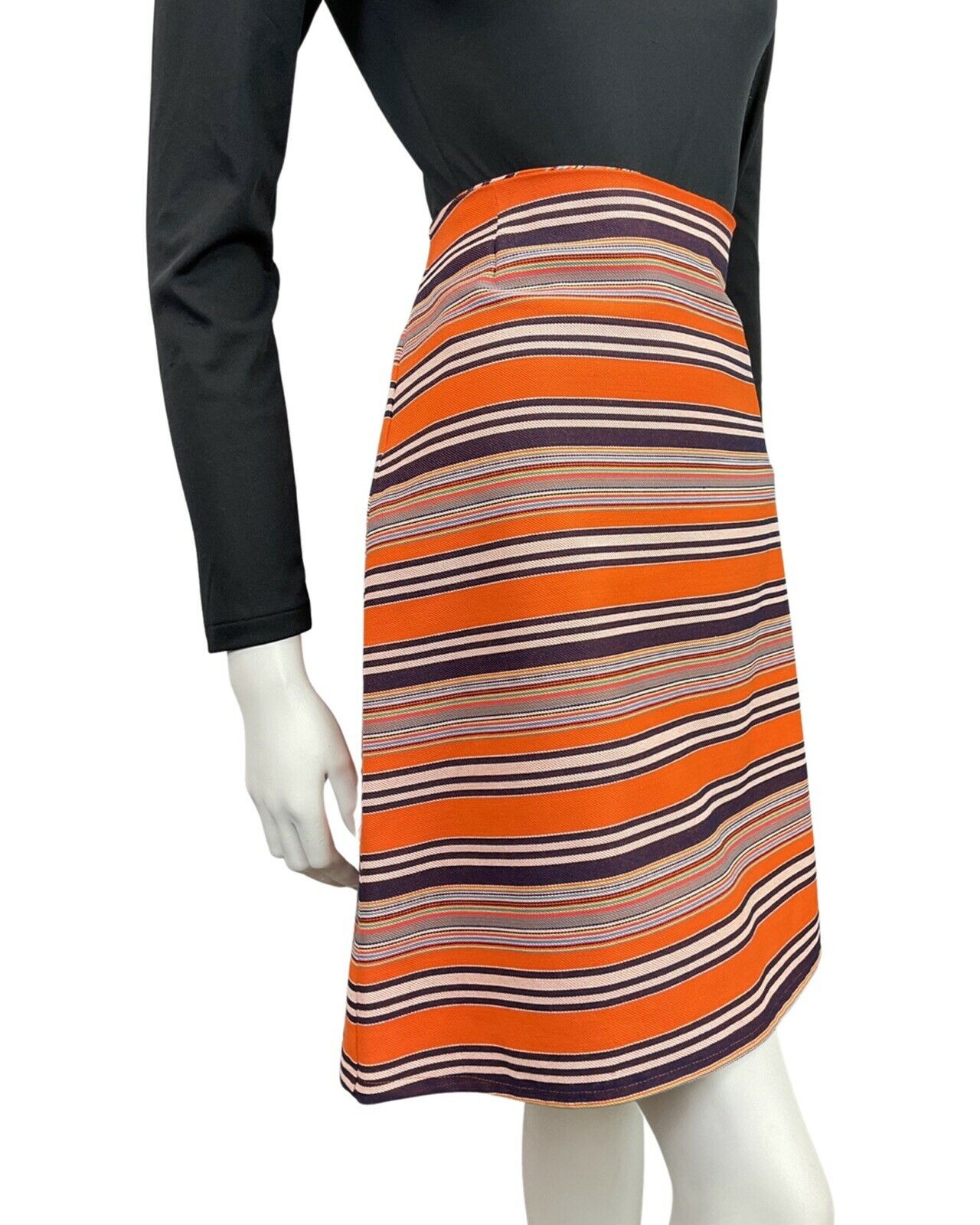 VINTAGE 60s 70s ORANGE BLACK WHITE BLUE STRIPED MOD SHORT SKIRT 14