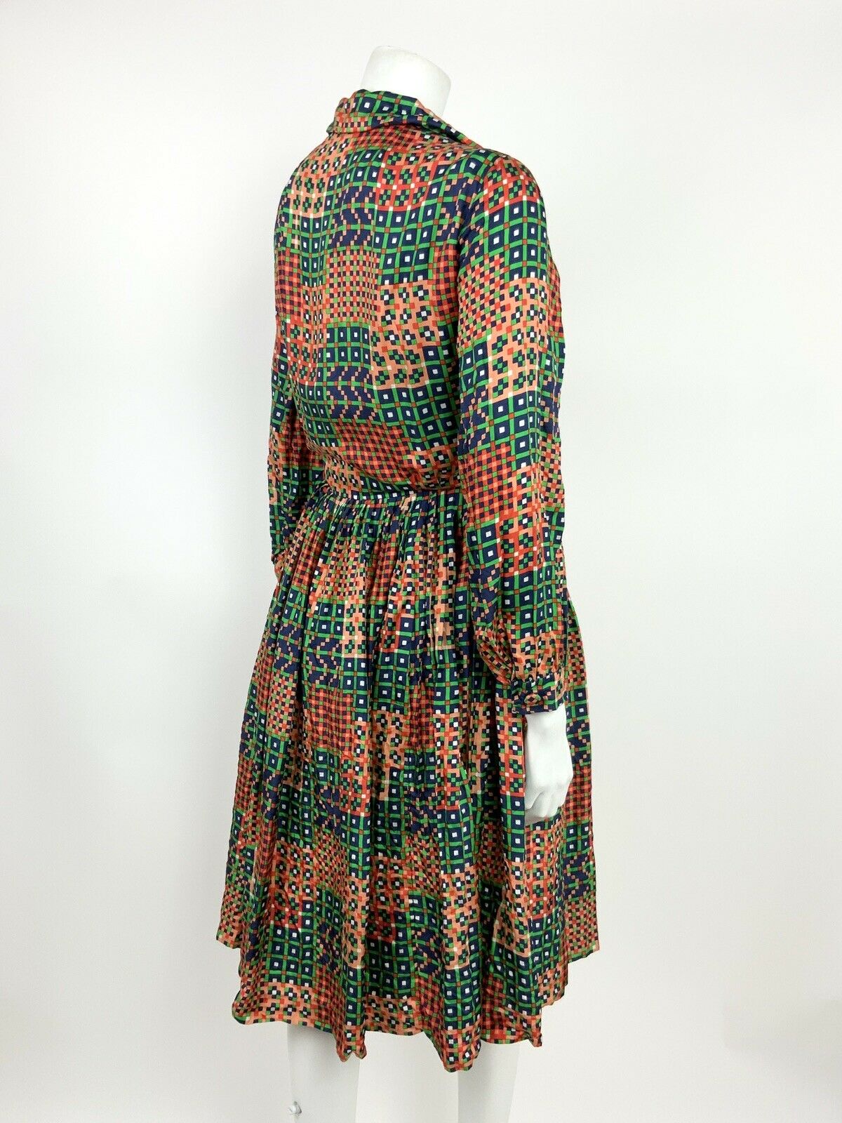 VINTAGE 60s 70s GREEN BLUE PEACH RED GEOMETRIC CHECKED PLEATED SHIRT DRESS 14 16