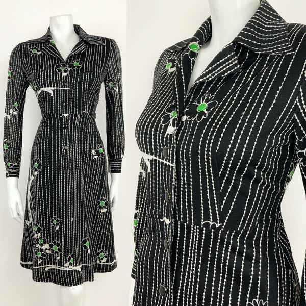 VINTAGE 60s 70s BLACK WHITE GREEN FLORAL DAISY STRIPED SHIRT DRESS 10