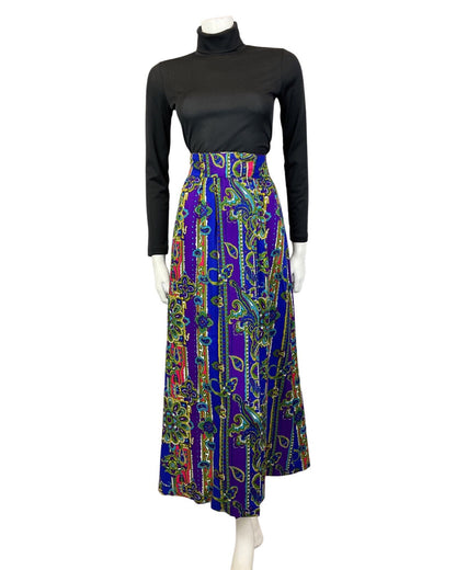 VINTAGE 70s BLUE PURPLE PINK PAISLEY FLORAL MANDALA MAXI SKIRT 8 10