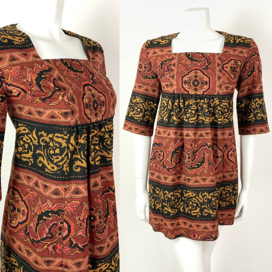 VTG 60s 70s BROWN BLACK GOLD AZTEC EMPIRE TENT TRAPEZE MICRO MINI DRESS 10 12