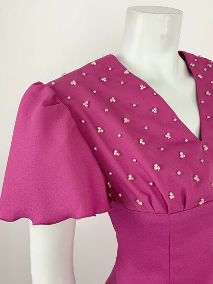 VTG 60s 70s FUCHSIA PINK EMPIRE LINE PEARL EMBELLISHMENT FLUTTER SLEEVE DRESS 8