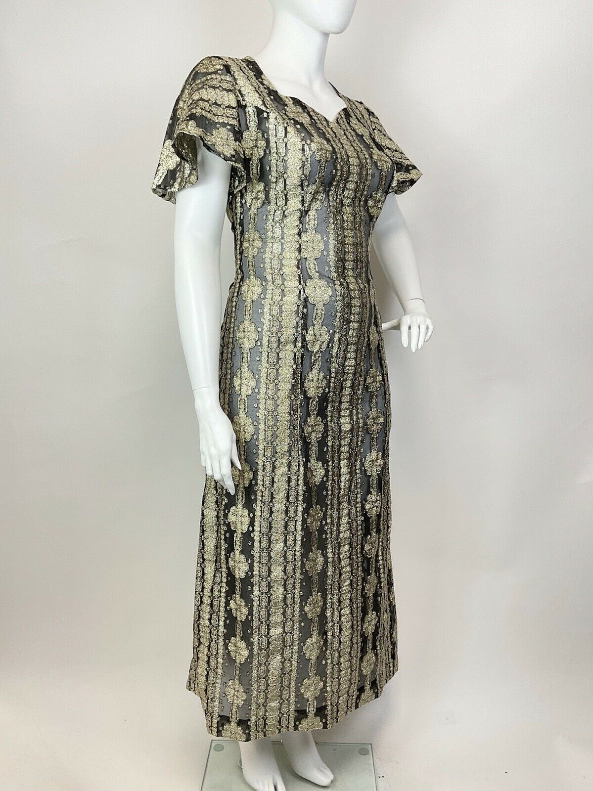 VTG 60s 70s GOLD BLACK LUREX STRIPED FLORAL BELL SLEEVE GLAM MAXI DRESS 20 22