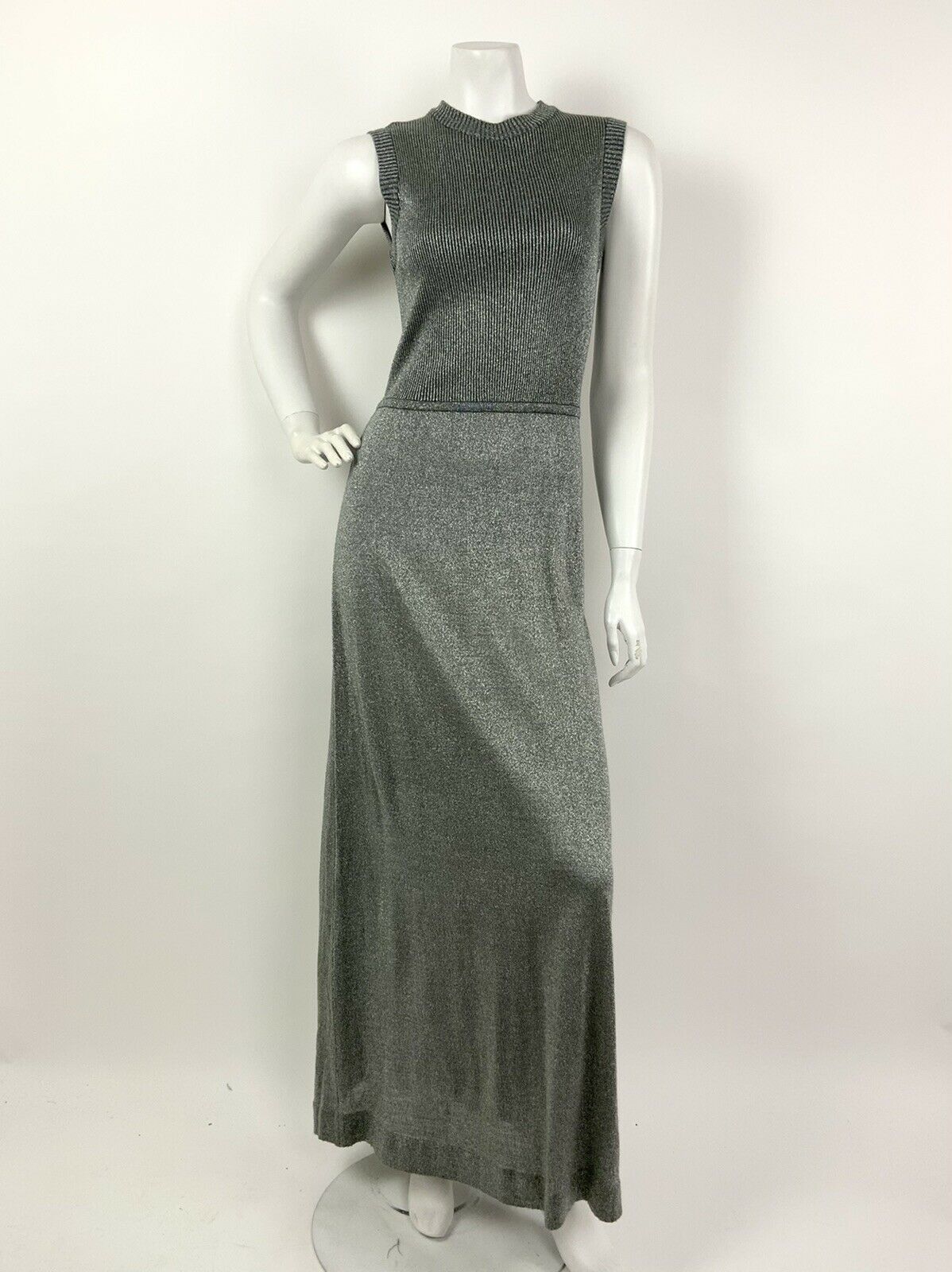 VTG 60s 70s GREY SILVER GLITTER METALLIC PARTY LUREX RIBBED MAXI DRESS 6 8