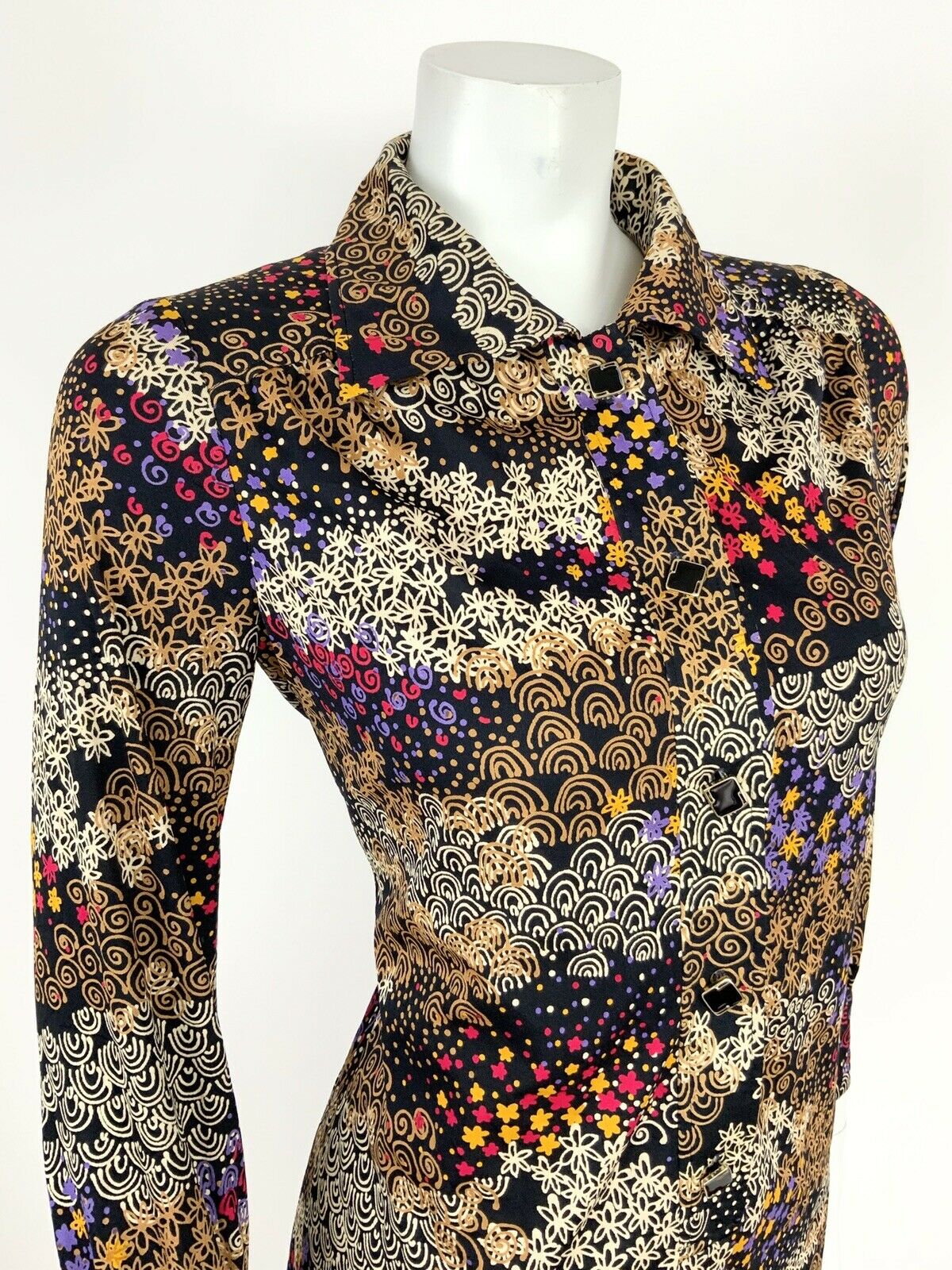 VTG 60s 70s BLACK PURPLE RED YELLOW PSYCHEDELIC FLORAL STAR SHIRT DRESS 12 14