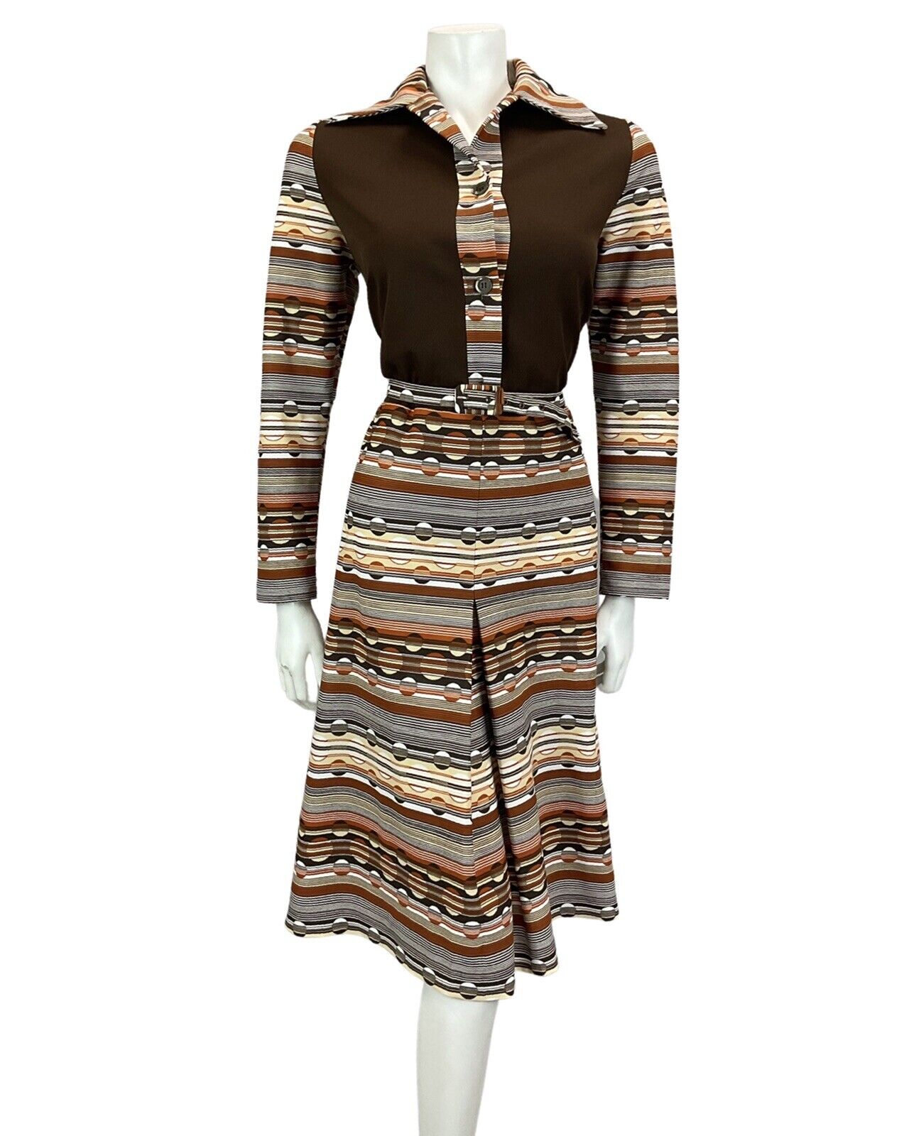 VINTAGE 60S 70S BROWN BEIGE TAN STRIPED ABSTRACT  PRINT MIDI DRESS 14 16