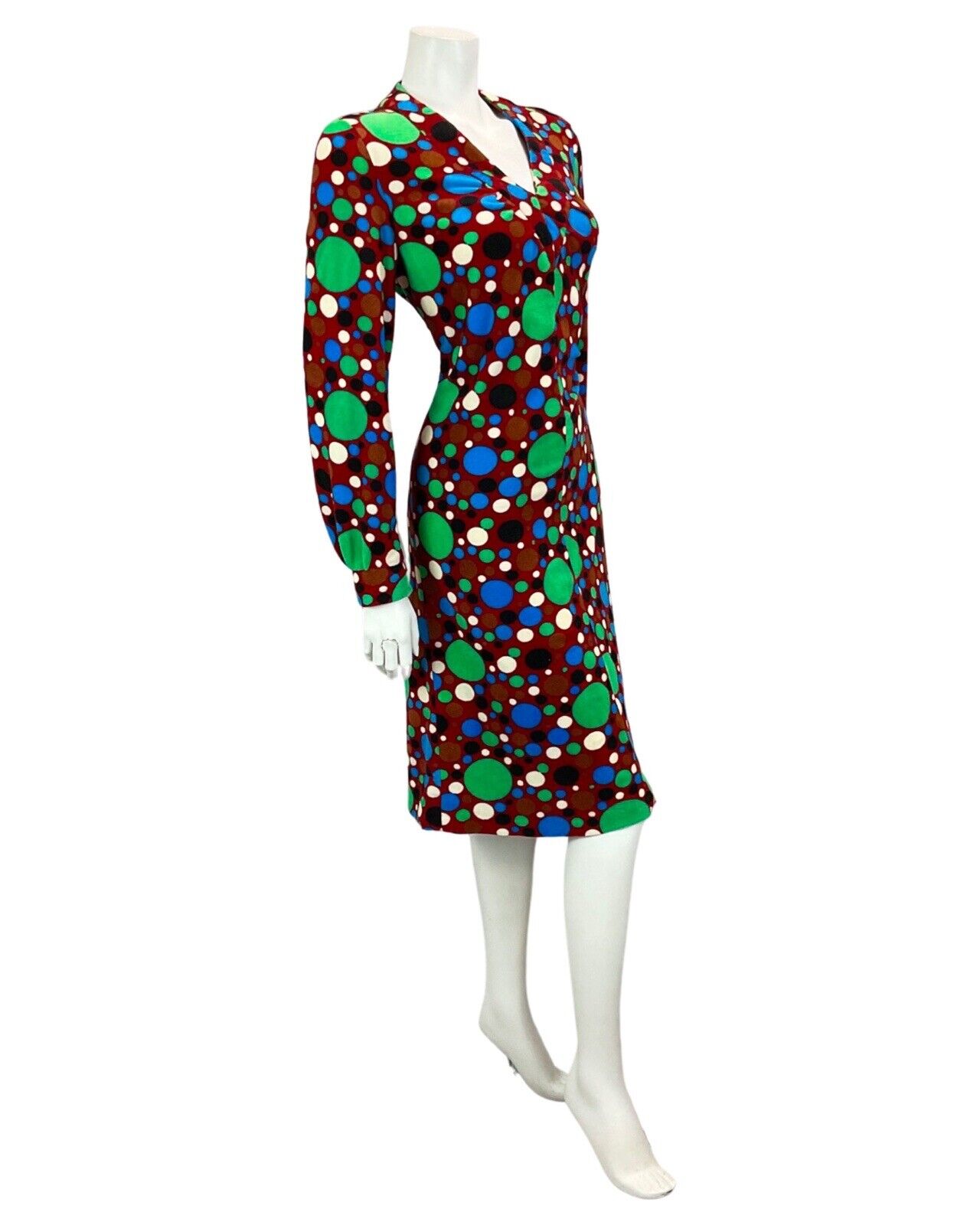 VTG 60S 70S BURGUNDY GREEN BLUE BLACK SPOTTY PSYCHEDELIC PRINT MIDI DRESS 12 14