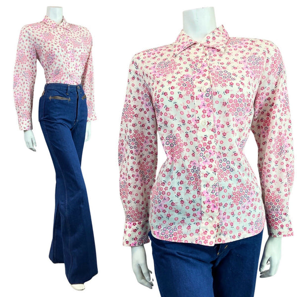 VINTAGE 60s 70s WHITE PINK RED FLORAL DAISY DITSY MOD DAGGER SHIRT BLOUSE 14 16