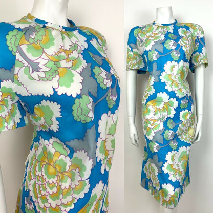 VINTAGE 60s 70s BLUE GREEN WHITE YELLOW FLORAL PSYCH TENT SHIFT DRESS 14 16