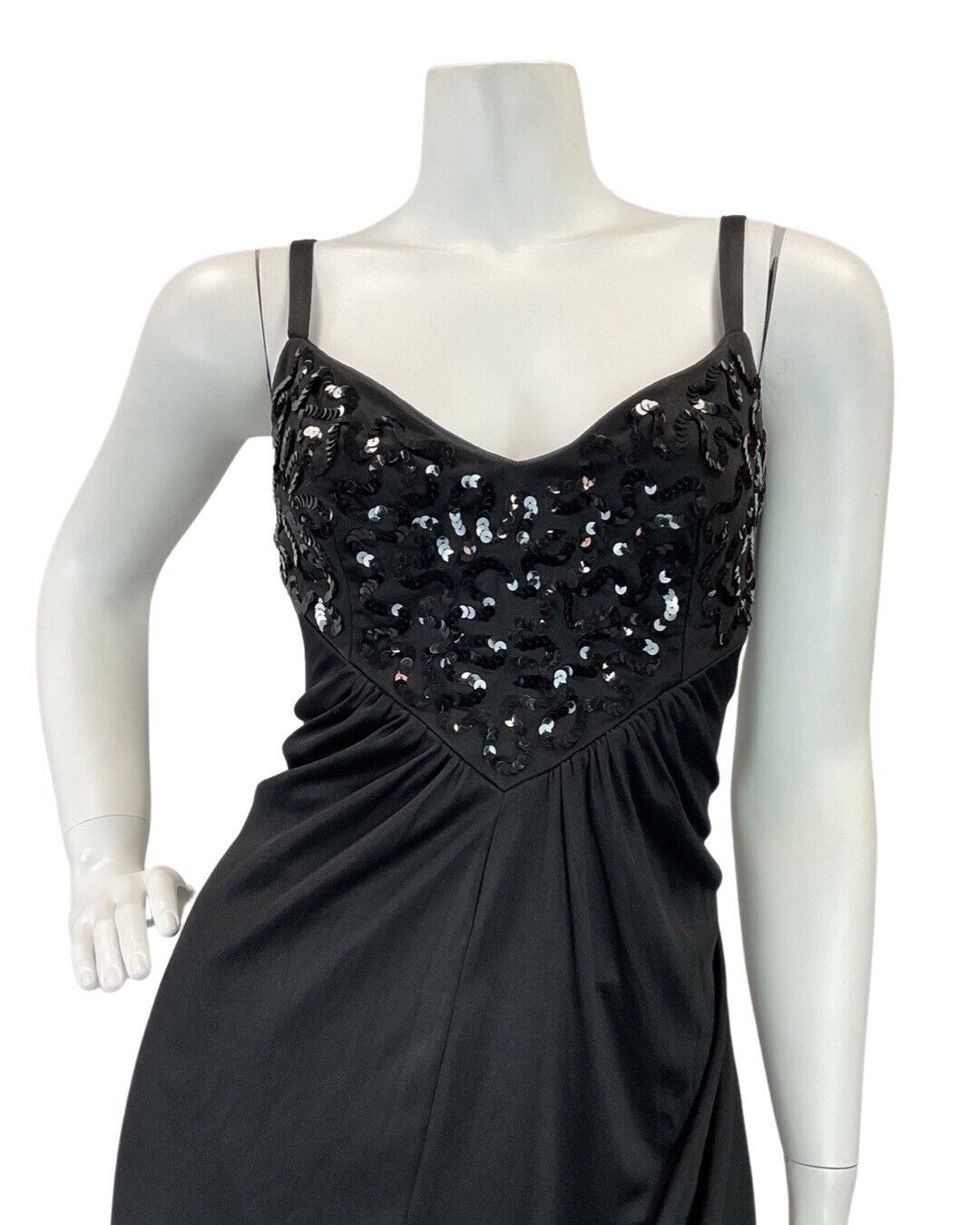 VINTAGE 60s 70s BLACK SEQUIN STRAPPY STUDIO 54 DISCO PARTY MAXI DRESS 8