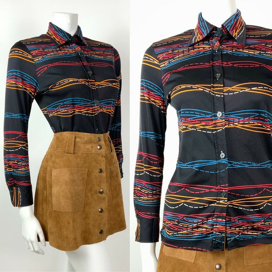 VINTAGE 60s 70s BLACK ORANGE BLUE RED WAVY STRIPED DAGGER COLLAR SHIRT 10 12