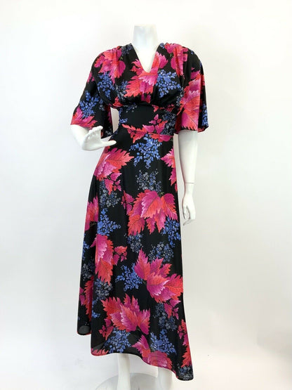 VTG 60s 70s BLACK BLUE PINK ORANGE DITSY FLOWER LEAFY BELL SLEEVE MAXI DRESS 16