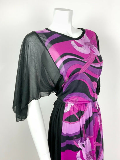 VINTAGE 70s 80s BLACK PURPLE PINK PSYCHEDELIC SWIRL LILY SHEER MIDI DRESS 10 12