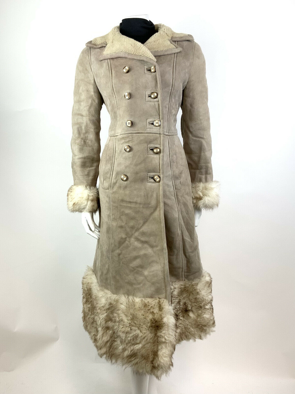 VINTAGE 60s 70s BEIGE CREAM DOUBLE-BREASTED SHEARLING PENNY LANE BOHO COAT 8 10