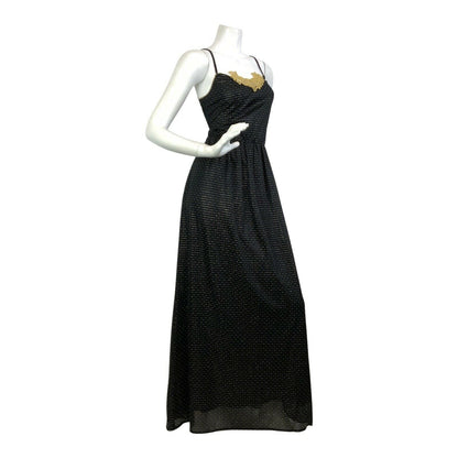 VINTAGE 60s 70s BLACK GOLD STRIPED FLORAL LACE PARTY STRAPPY MAXI DRESS 8 10