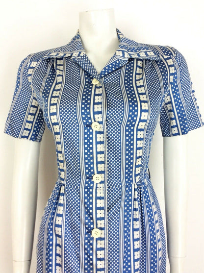 VTG 60S 70S BLUE WHITE DAISY FLOWER GEOMETRIC SHIRT DRESS 10