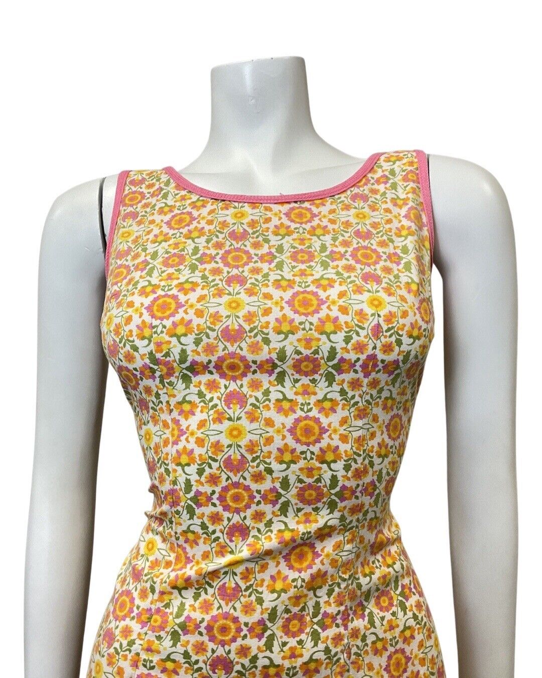 VINTAGE 60s 70s ORANGE PINK WHITE DITSY FLOWER SLEEVELESS MOD MINI DRESS 8 10