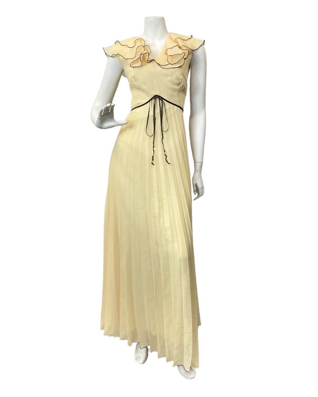 VINTAGE 60s 70s PALE YELLOW BROWN RUFFLED PLEATED ELEGANT GOWN MAXI DRESS 10 12