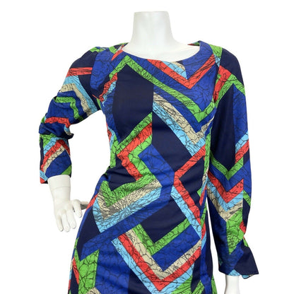 VINTAGE 60s 70s BLUE RED GREEN GEOMETRIC MARBLED OP-ART MOD MAXI DRESS 10