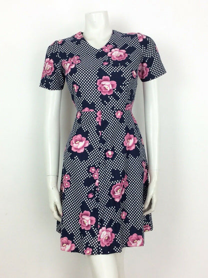 STUNNING VINTAGE 60S 70S POLKA DOT NAVY BLUE WHITE PINK FLORAL DRESS 8 10