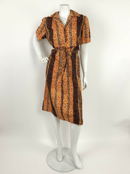 VINTAGE 60s 70s BROWN YELLOW ORANGE LILAC ABSTRACT STRIPED SHIRT DRESS 10 12 14