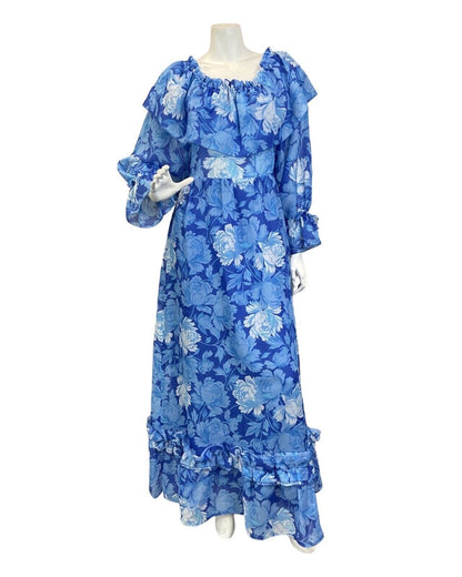 VINTAGE 60s 70s BLUE WHITE PSYCHEDELIC FLORAL RUFFLED PRAIRIE BOHO MAXI DRESS 8