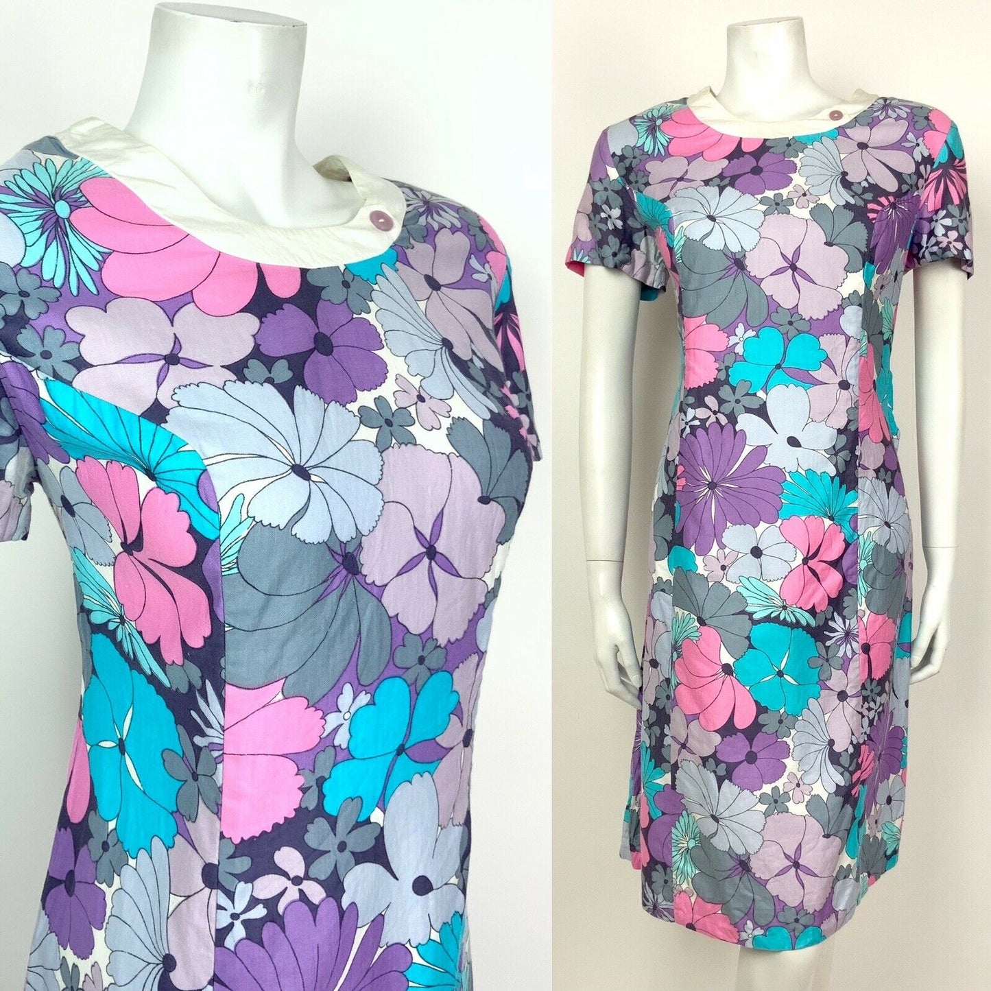 VTG 60s 70s PSYCHEDELIC PURPLE BLUE PINK GREY FLORAL SMOCK DRESS 10 12 14