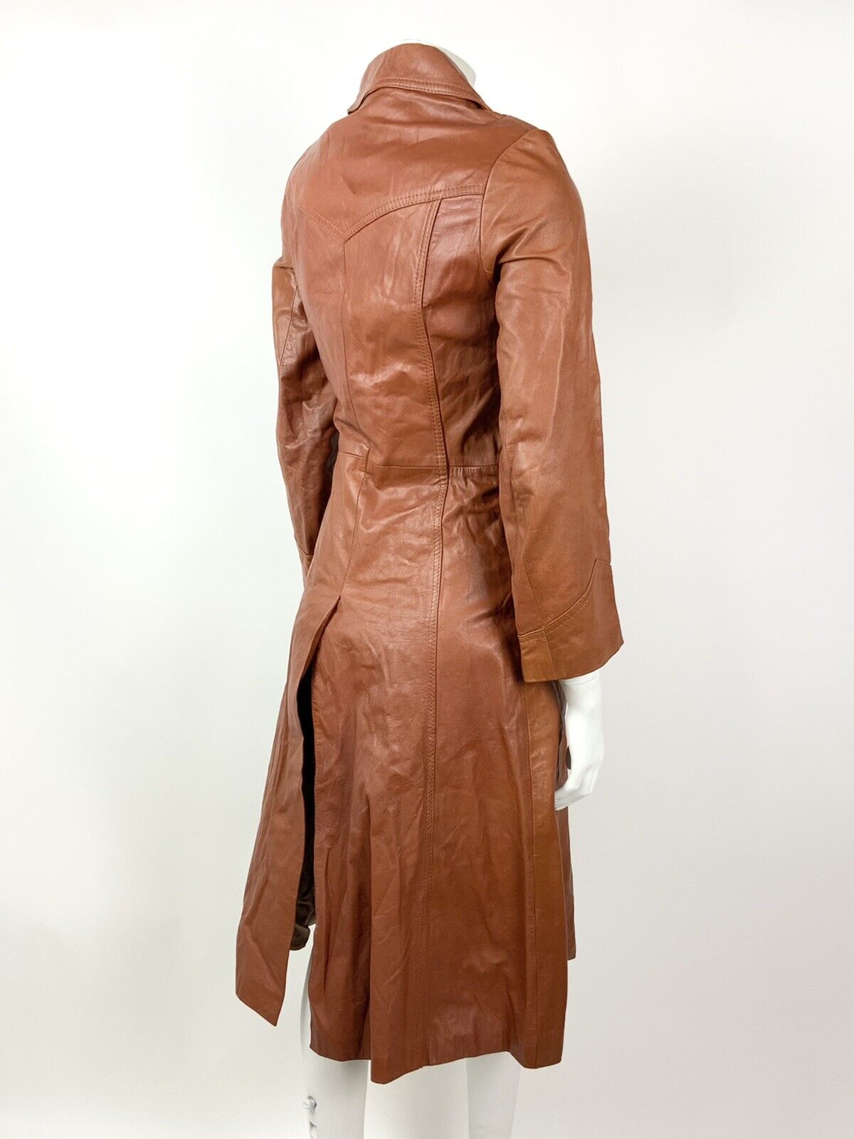 VTG 60s 70s TAN ORANGE BROWN DAGGER COLLAR MOD LONG LEATHER COAT 6 8