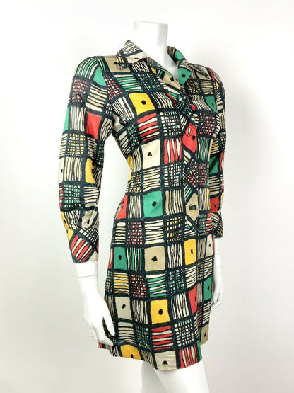 VTG 60s 70s WHITE RED GREEN GEOMETRIC CHECK ABSTRACT DAGGER COLLAR DRESS 8 10