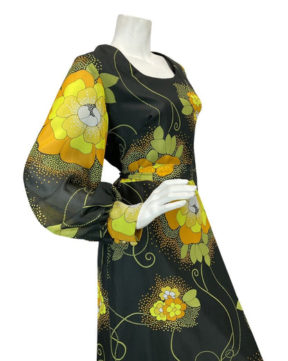 VTG 60s 70s BLACK YELLOW ORANGE FLORAL PRINT PSYCHEDELIC MAXI DRESS 10 12